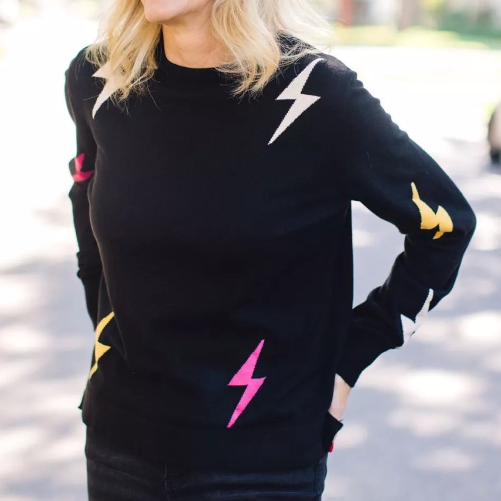 THML Lightning Bolt Black Neon Sweater 80s 90s Y2K Style Lightweight Knit Size S